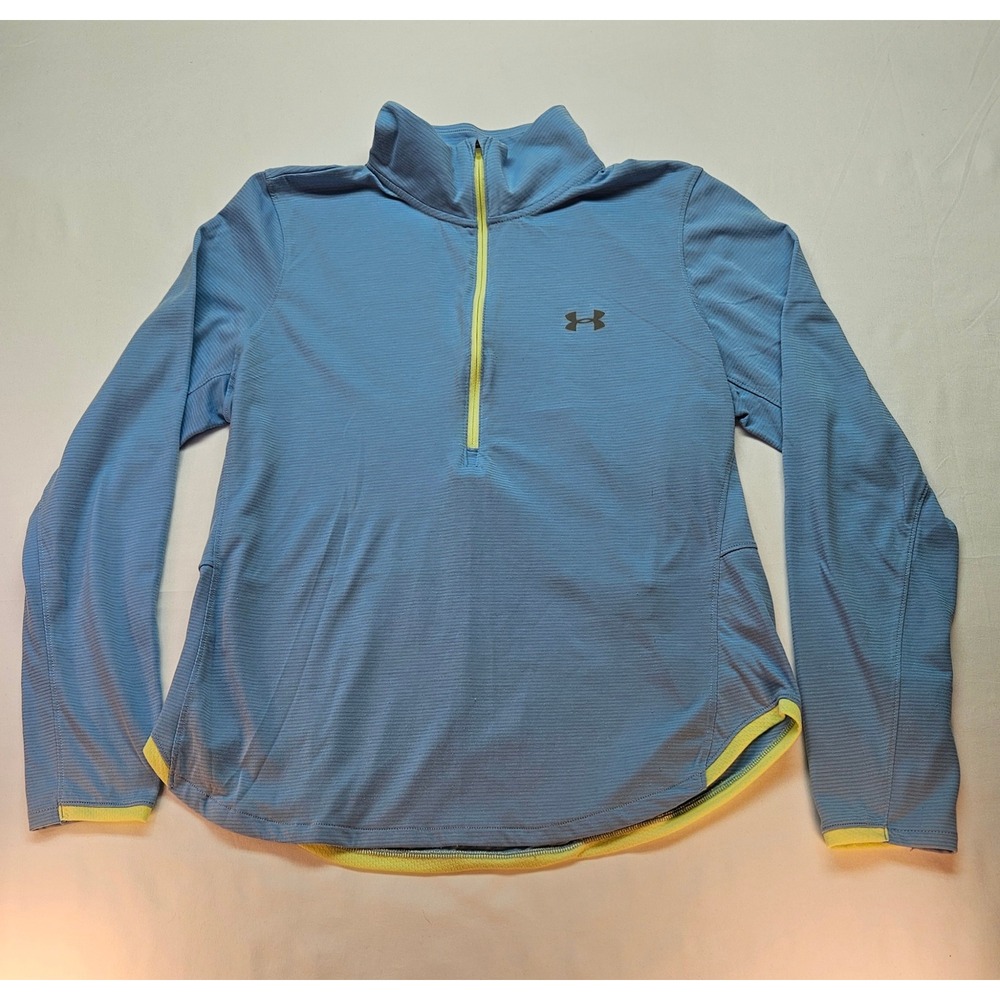 Under Armour HeatGear Womens XL Blue Neon Yellow Quarter Zip Pullover Fitted Top